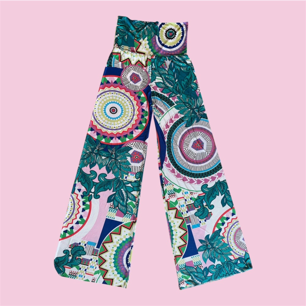 Womens USA J UP‎ FOLDOVER GREEN & PINK SILKY BOHO PALAZZO PANTS S